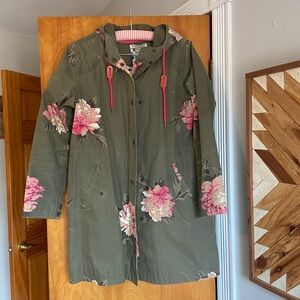 Joules Peony Print Green Hooded Rain Jacket Parka US 8/UK 12